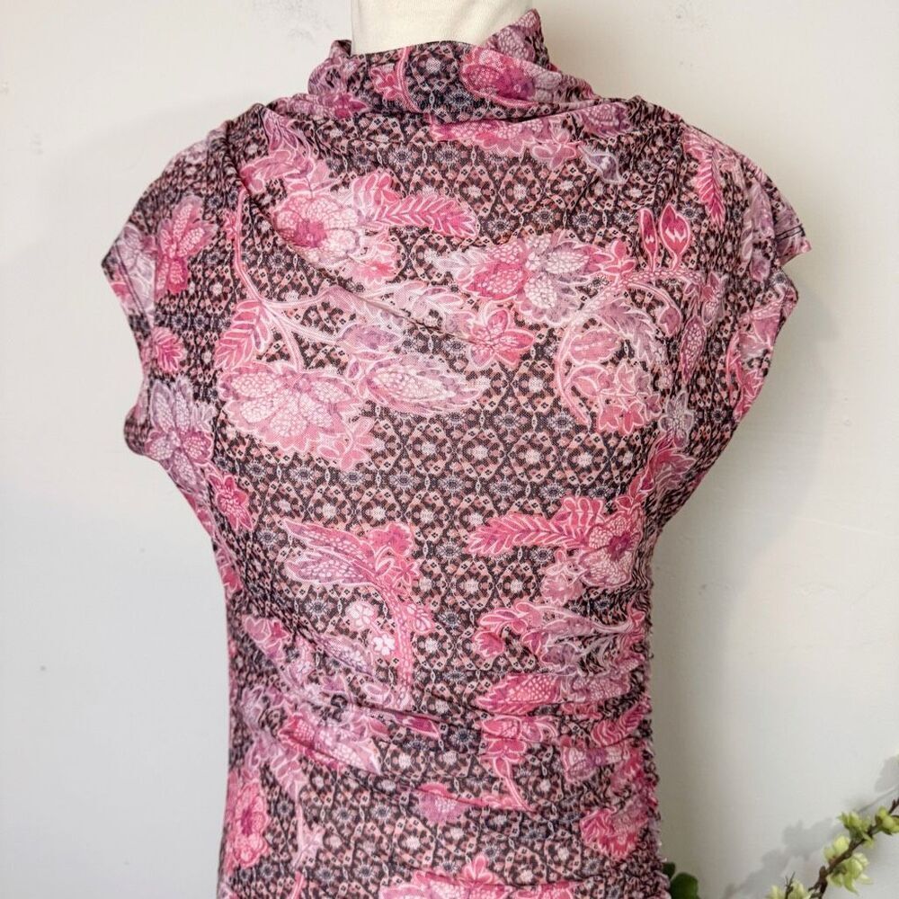 Anthropologie The Maya Ruched Cowl-Neck Mesh Midi Dress | Large | Pink Floral Pr - Picture 4 of 9